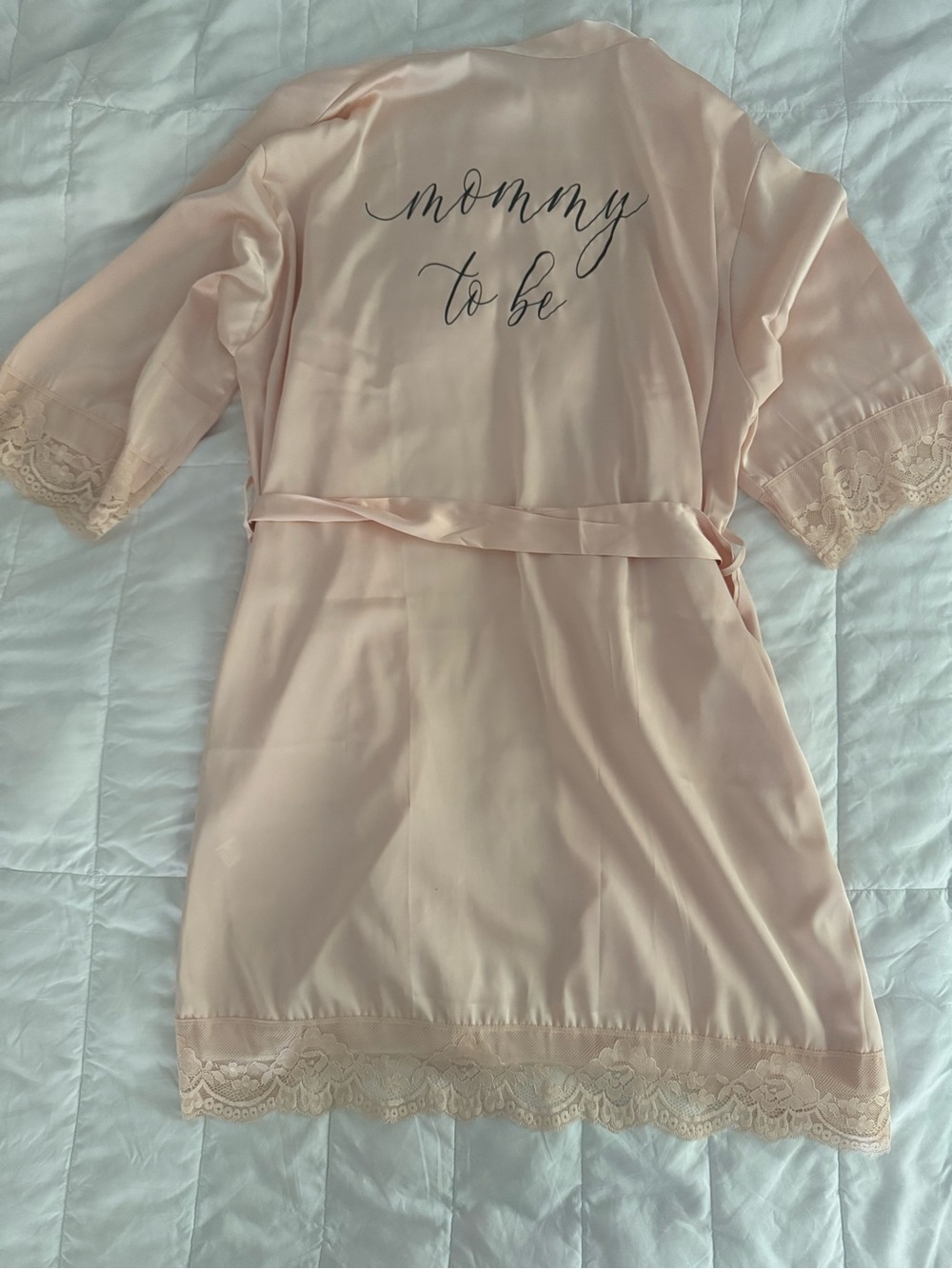 Maternity Mommy To Be Lace Trim Satin Robe - Blush Pink